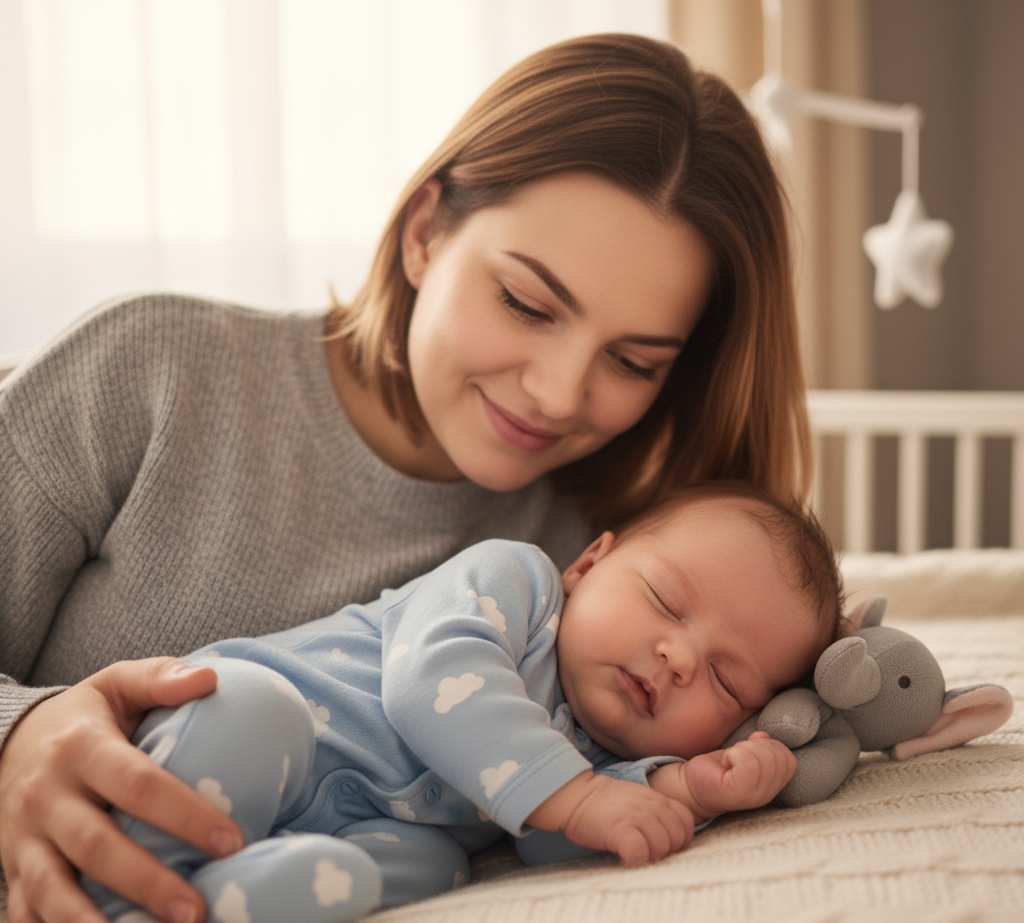 Gentle sleep support visual for newborn moms